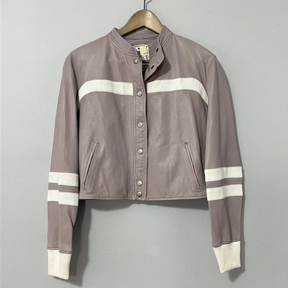 JKT NYC Leather Jacket Womens XS Purple White Stripe‎ Moto Racer Cropped Rib Hem